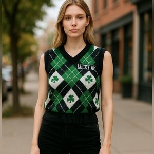 Spencer's Lucky AF Shamrock Argyle Sweater Vest St. Patrick's Day Irish Small